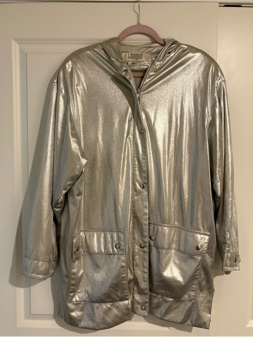 Vintage I. Magnin Metallic Silver Hooded Jacket with padded shoulders